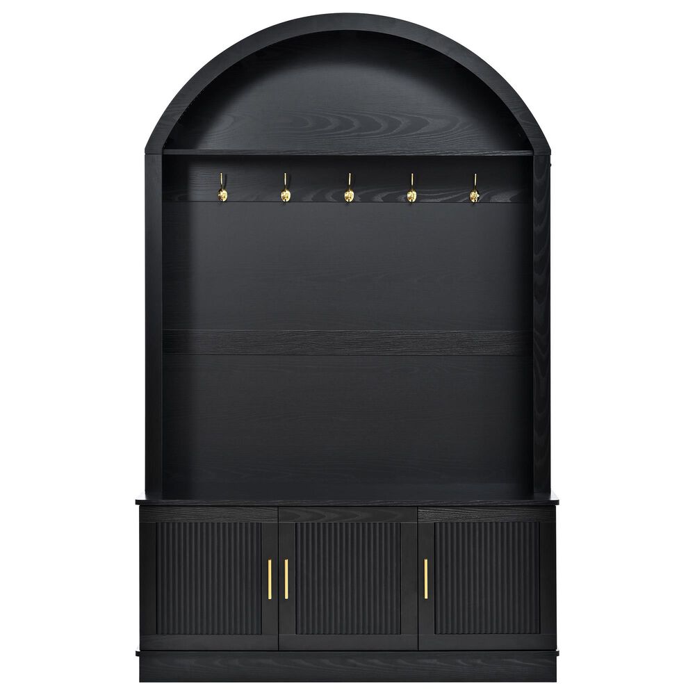 HOMLUX Farmhouse Fabric Arched Top Hall Tree with 5 Metal Hooks and Adjustable Shelves in Black, , large