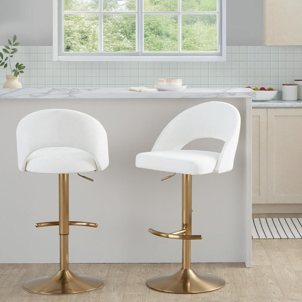 LumiSource Renee Adjustable Swivel Bar Stool with Cream Fabric Upholstery in Gold (Set of 2), , large