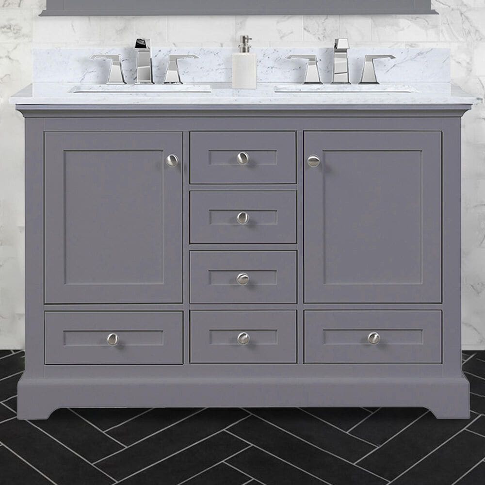 Lexora Home Dukes 48&quot; Double Bathroom Vanity in Dark Grey with 2 cm White Carrara Marble Top and Rectangular Sinks, , large