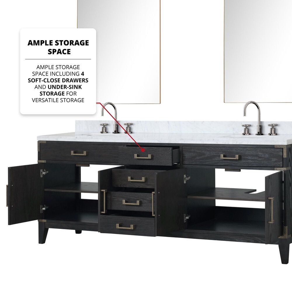 Lexora Home Laurel 84&quot; Double Bathroom Vanity in Black Oak with White Carrara Marble Top and Rectangular Sinks, , large