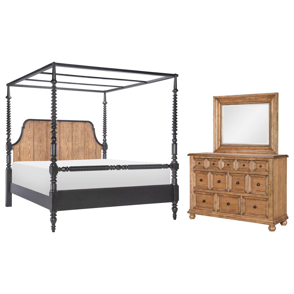 Legacy Classic Vintage Market 3-Piece Queen Post Canopy Bedroom Set in Barnwood Oak and Kettle Black, , large