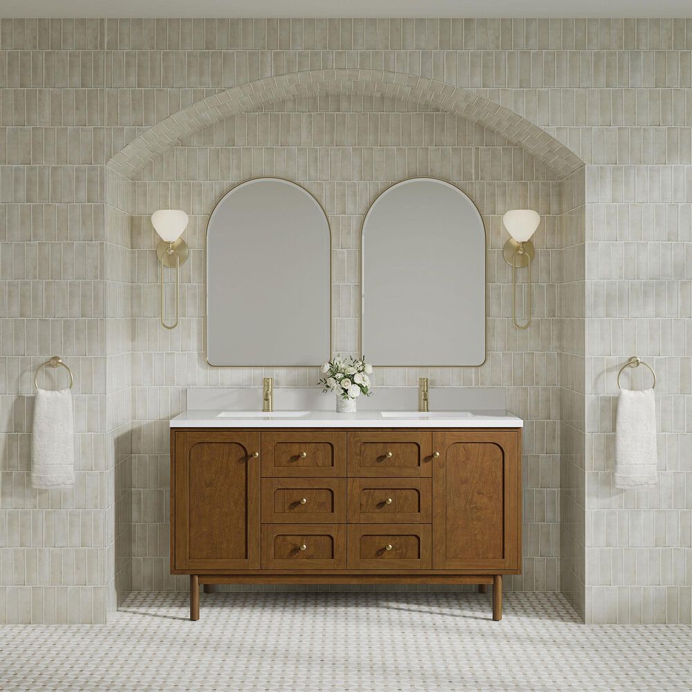 James Martin Laurent 60" Double Bathroom Vanity in Honey Oak with Single Hole 3 cm White Zeus Silestone Top and Rectangular Sinks, , large
