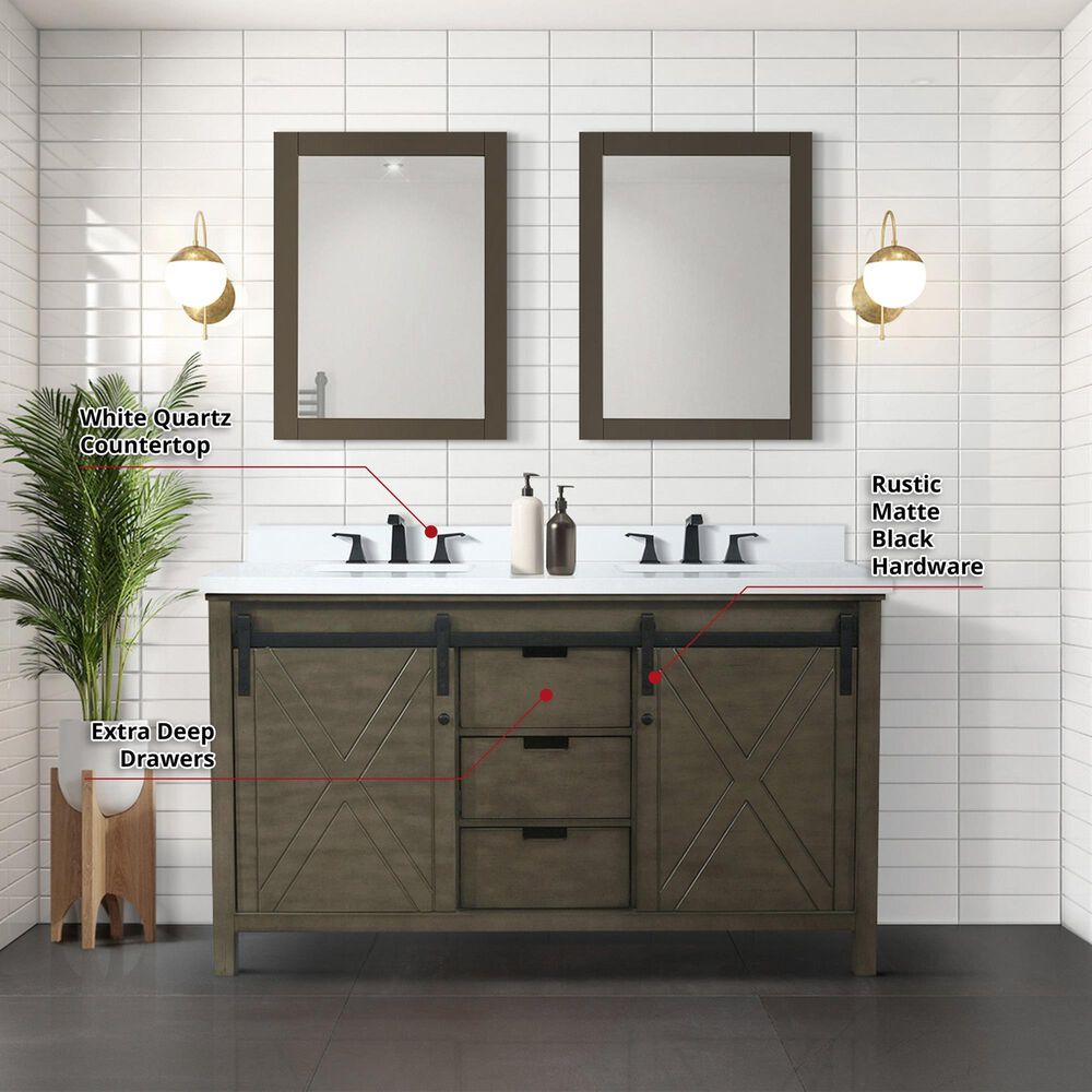 Lexora Home Marsyas 60&quot; Double Bathroom Vanity in Rustic Brown with White Quartz Top and Rectangular Sinks, , large