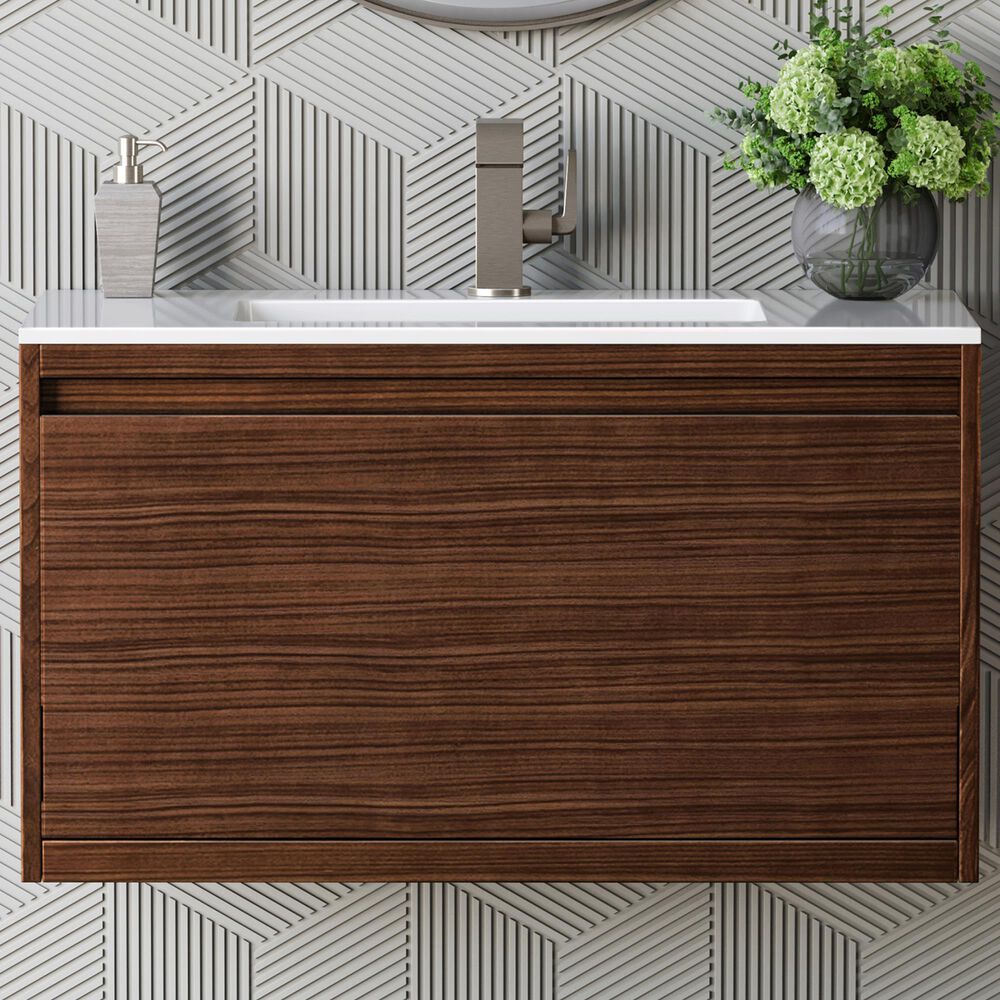 James Martin Vanities Mantova 35.4&quot; Single Vanity in Mid-Century Walnut and Matte Black with 3 cm Glossy White Composite Stone Top and Rectangular Sink, , large