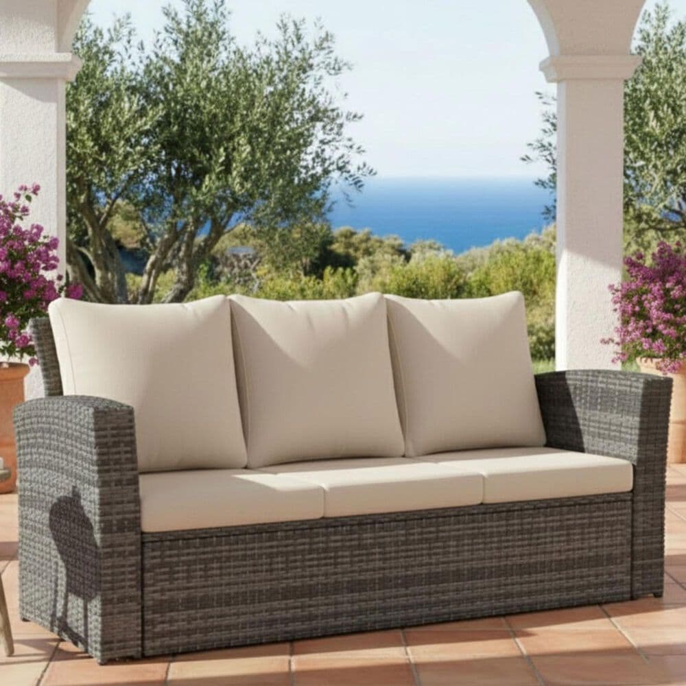 Hearth and Haven Outdoor Sofa with Black Wicker Frame in Beige, , large