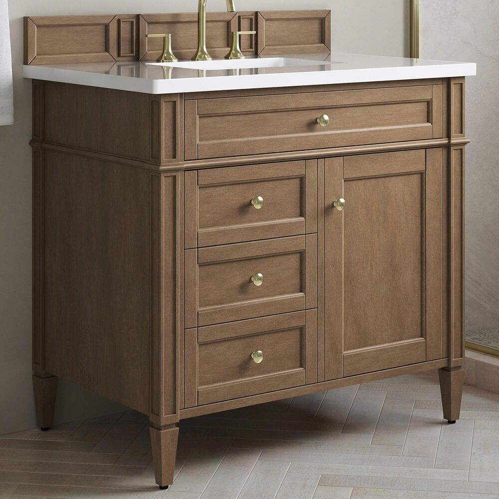 James Martin Brittany 36" Single Bathroom Vanity in Pecan with 3 cm White Zeus Silestone Top and Rectangular Sink, , large