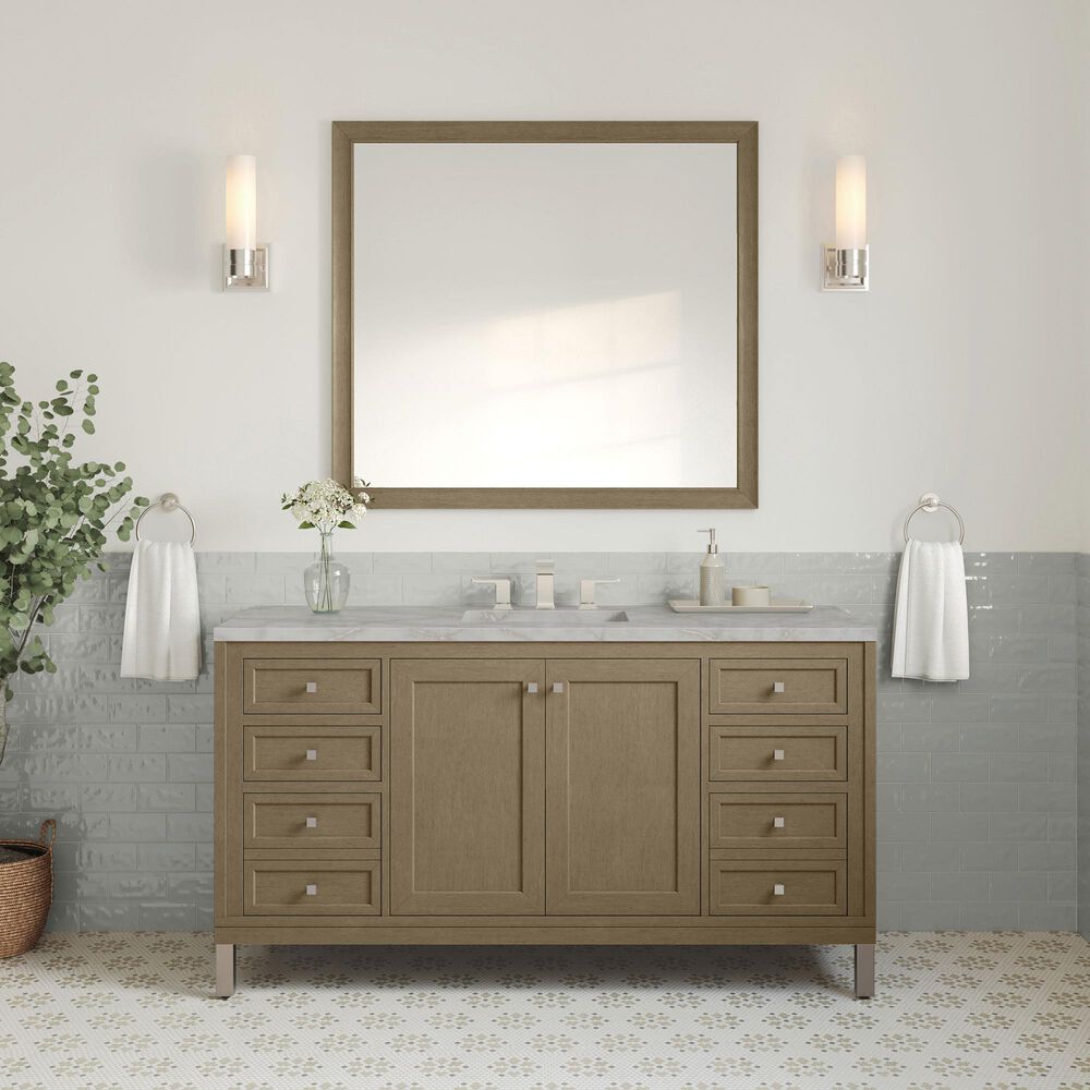 James Martin Vanities Chicago 60" Single Bathroom Vanity in Walnut Whisper with 3 cm Victorian Silver Quartz Top, Rectangular Sink and FreePower Wireless Charger, , large