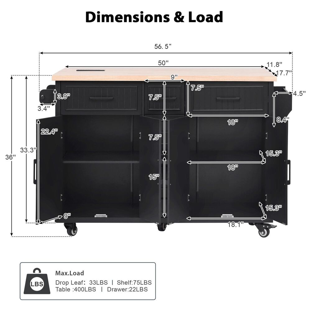 HOMLUX 56.5'' Kitchen Island with Drop Leaf in Black and Natural, , large