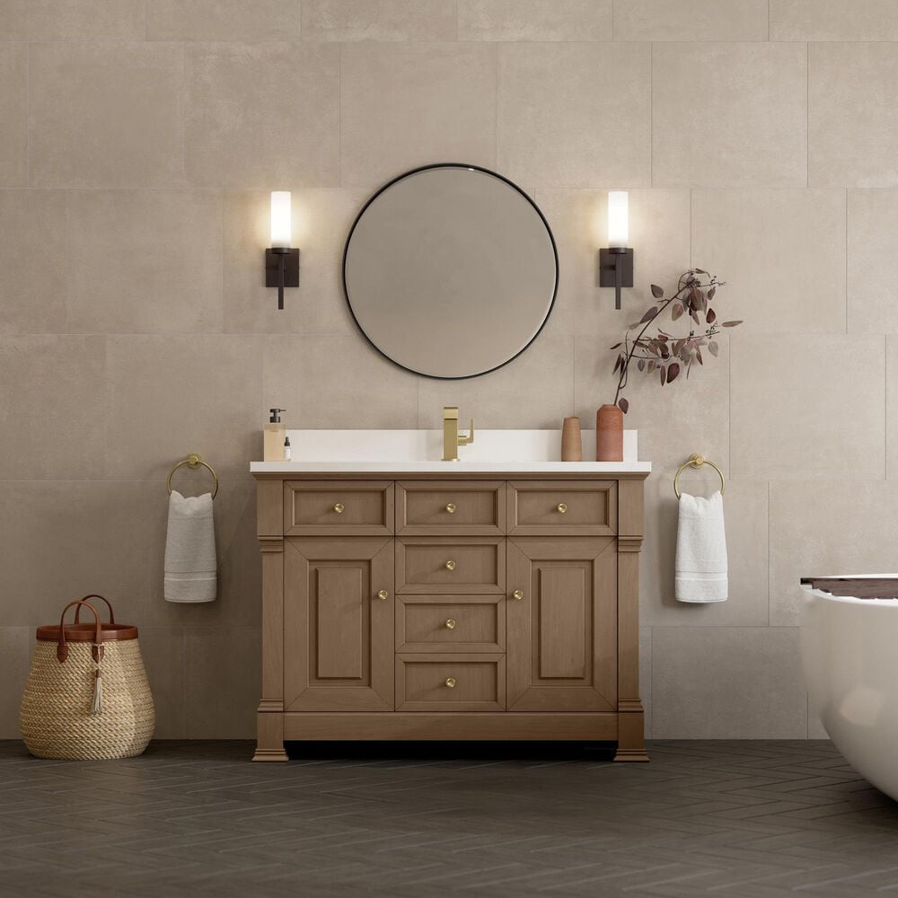 James Martin Vanities Brookfield 48&quot; Single Bathroom Vanity in Pecan with Single Hole 3 cm White Zeus Quartz Top and Rectangular Sink, , large