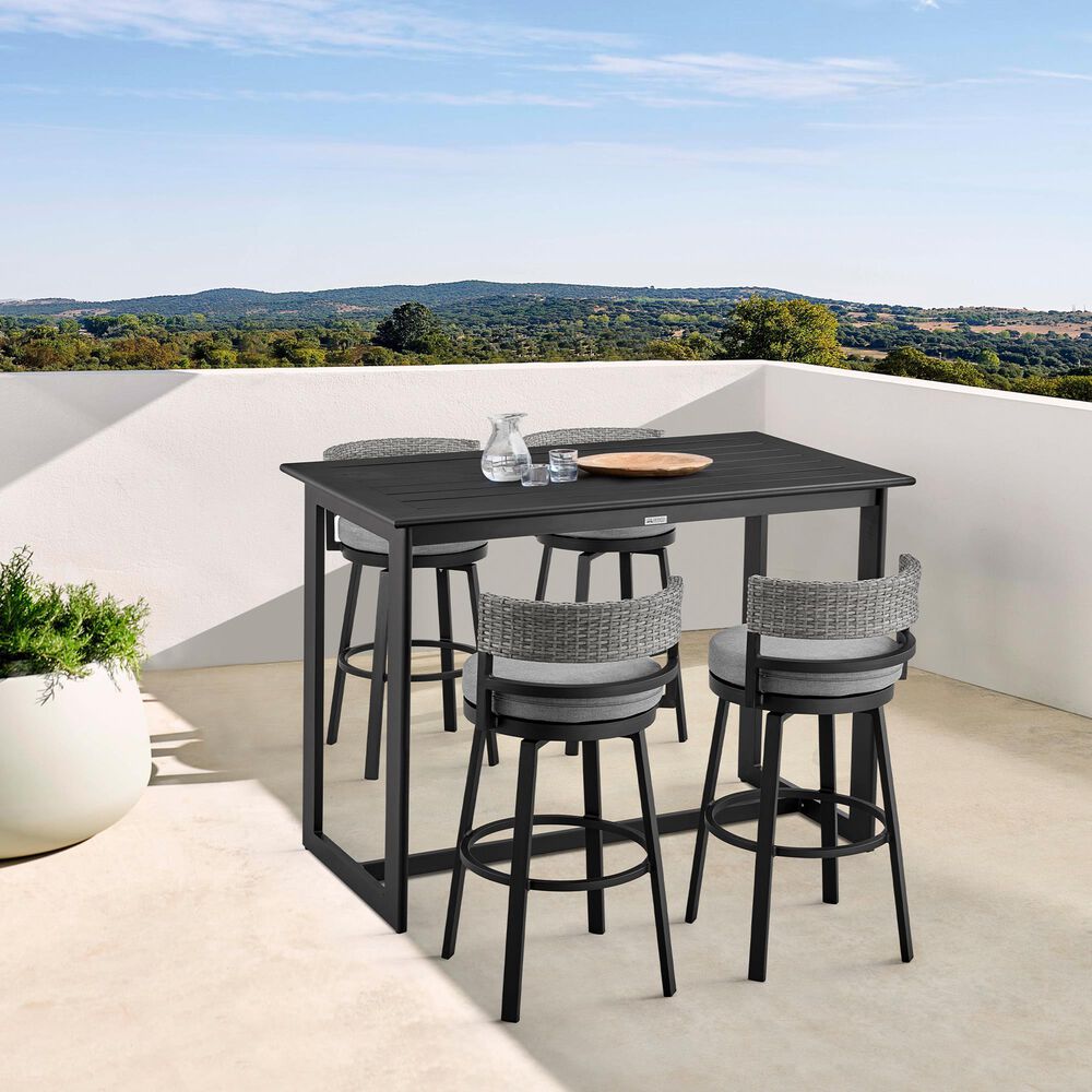 Armen Living Encinitas Patio Swivel Counter Height Bar Stool with Dark Gray Cushion in Black, , large
