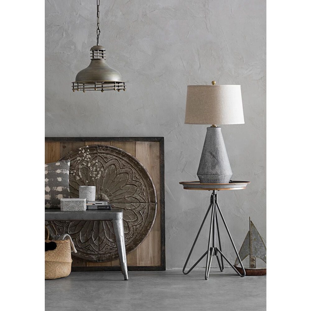 Teak Interiors Abode Ceramic Table Lamp with Linen Shade in Blue Reactive Glaze, , large