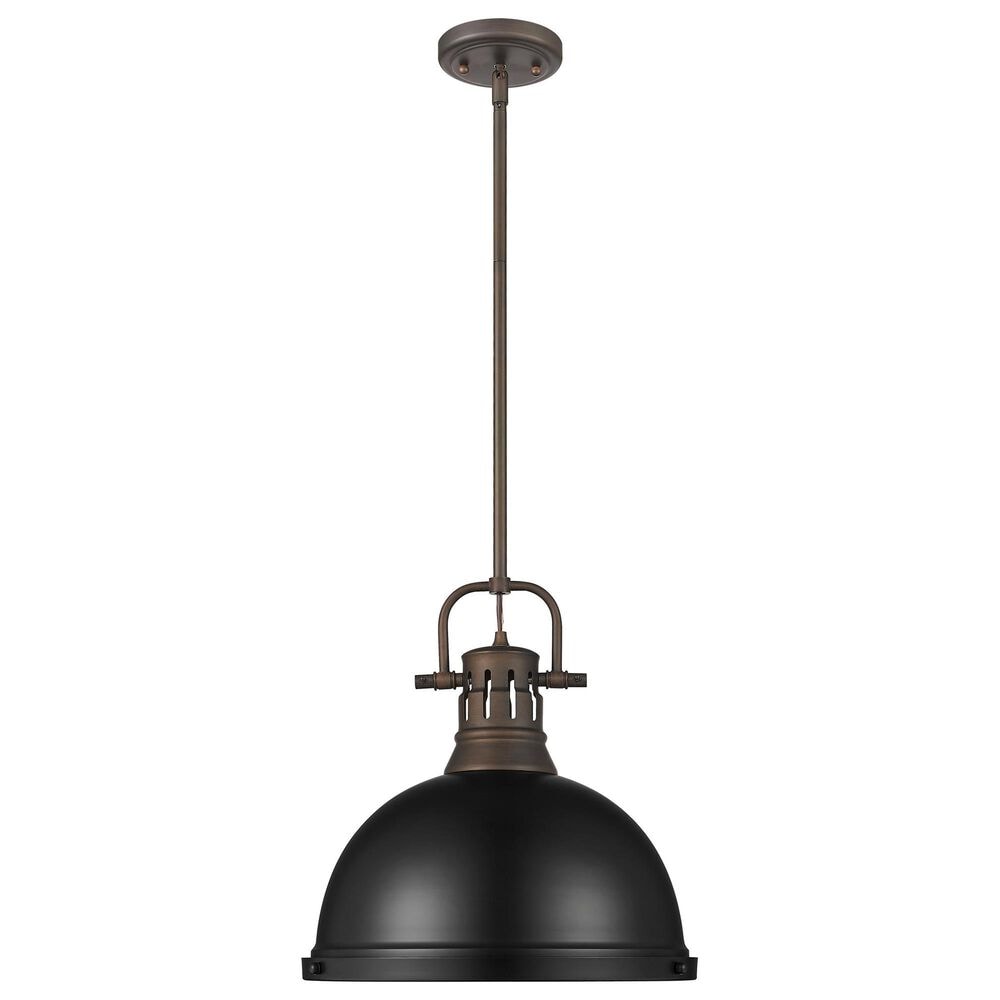 Golden Lighting Duncan 1-Light Pendant with Rod and Matte Black Shade in Rubbed Bronze, , large