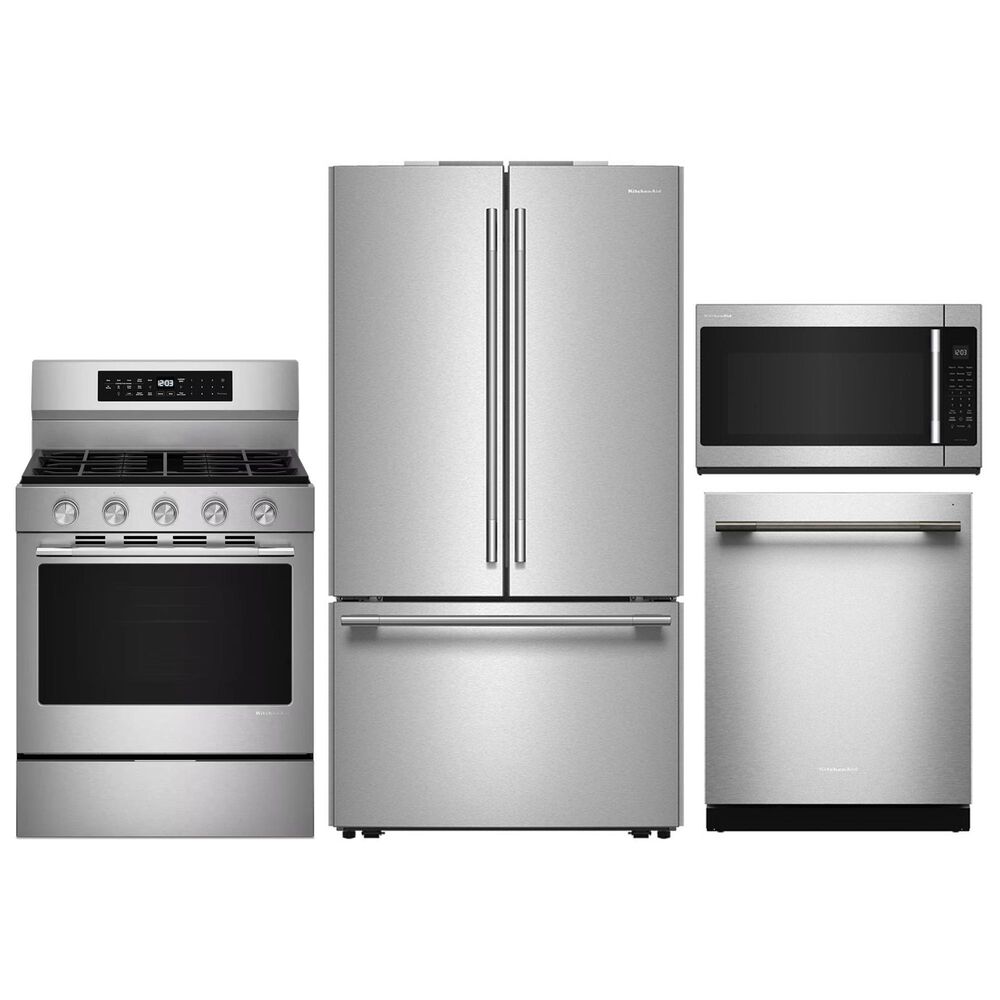 KitchenAid 4-Piece Kitchen Package with 31 Cu. Ft. French Door Refrigerator and 5 Cu. Ft. Smart Freestanding Gas Range in Stainless Steel, , large