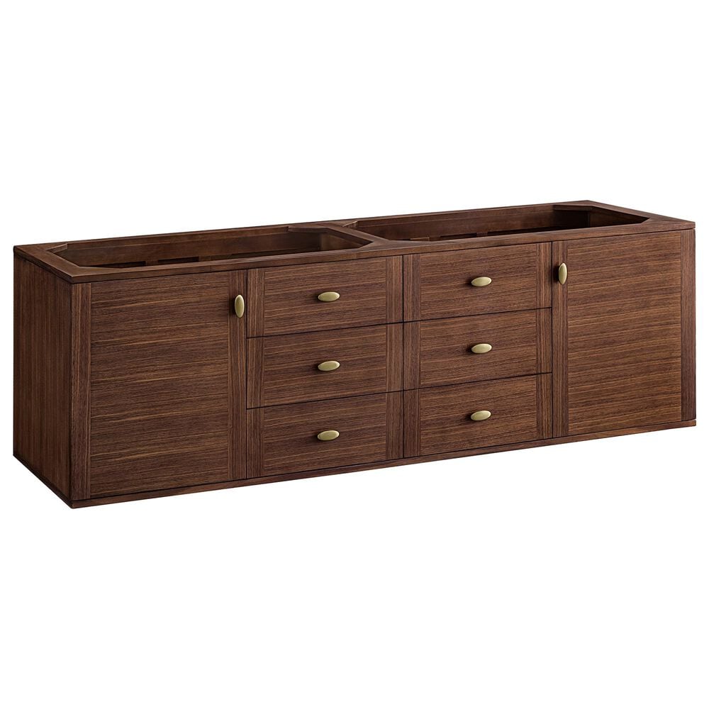 James Martin Vanities Amberly 72&quot; Double Bathroom Vanity in Mid-Century Walnut with Single Hole 3 cm White Zeus Quartz Top and Rectangular Sinks, , large