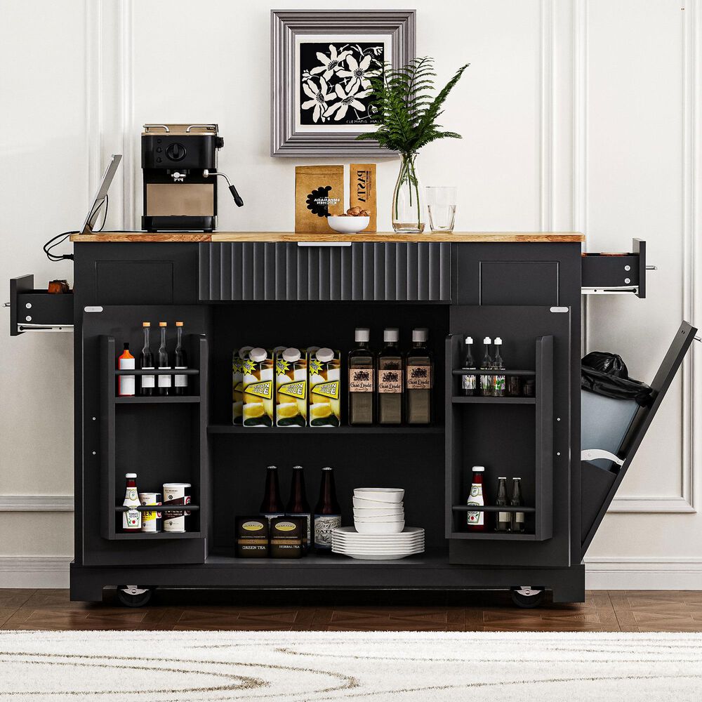 HOMLUX 47" Fluted Kitchen Island with Trash Can Storage Cabinet in Black and Natural, , large