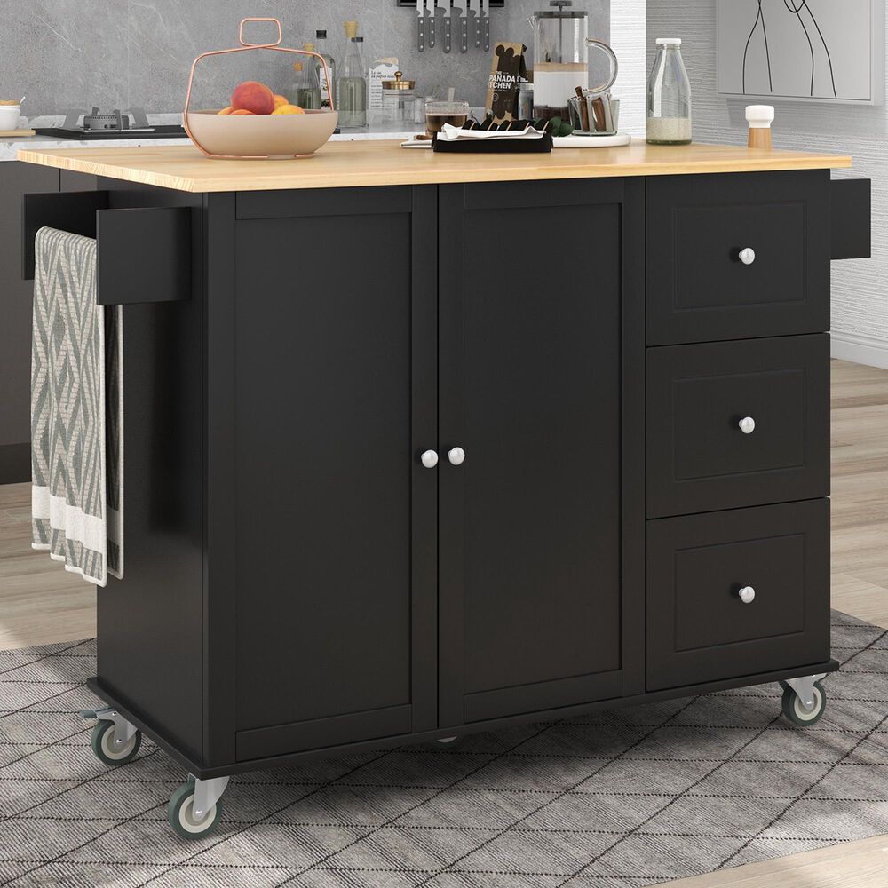 HOMLUX 53" Rolling Mobile Kitchen Island with Solid Wood Top and Locking Wheels in Black, , large