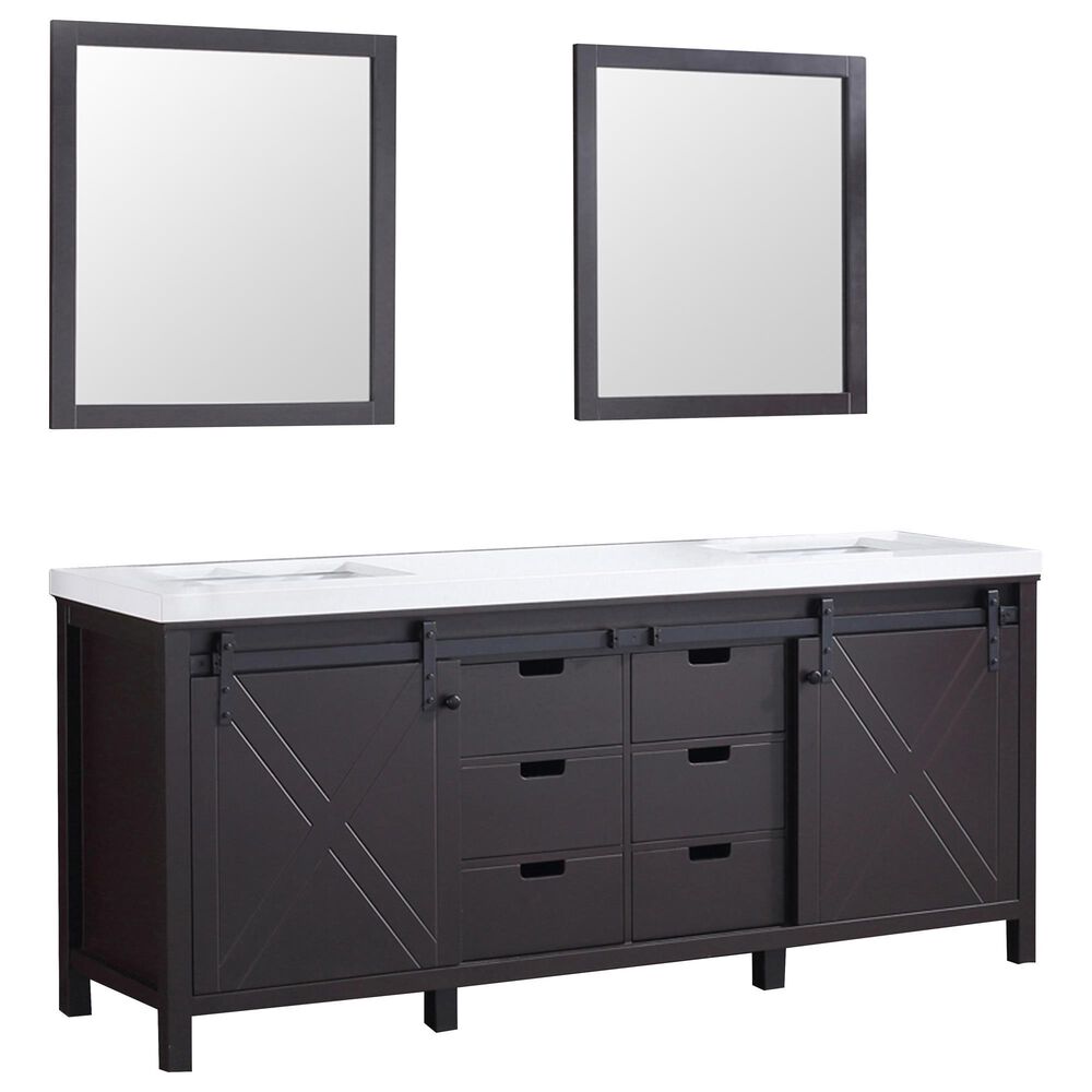 Lexora Home Marsyas 80" Double Bathroom Vanity in Brown with White Quartz Top, Rectangle Sinks and Mirrors, , large