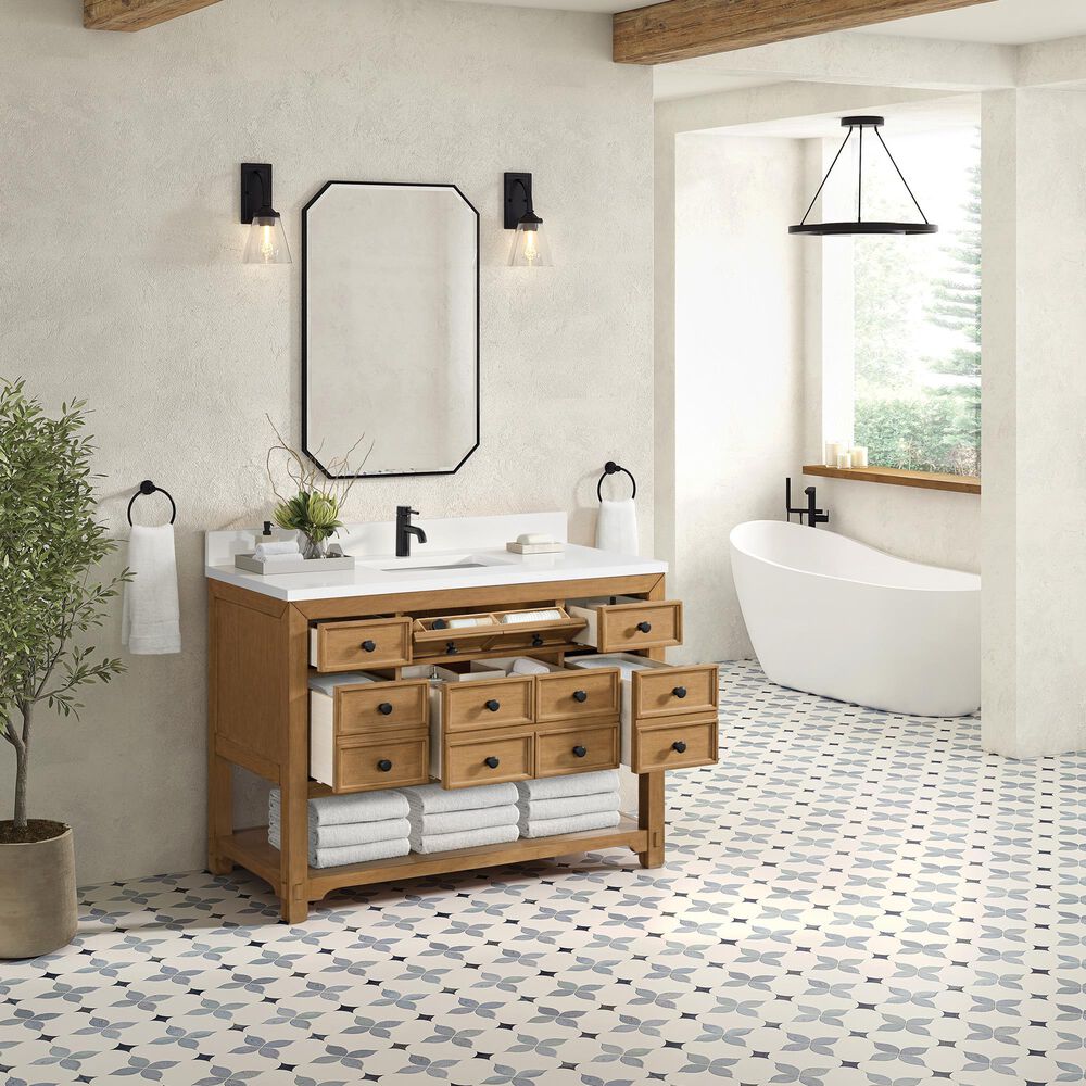 James Martin Vanities Malibu 48&quot; Single Bathroom Vanity in Amber Birch with Single Hole 3 cm White Zeus Quartz Top and Rectangular Sink, , large