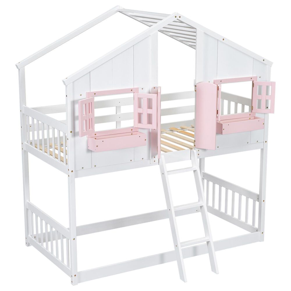 Hearth and Haven Twin over Twin House Bunk Bed with Roof in Pink and White, , large