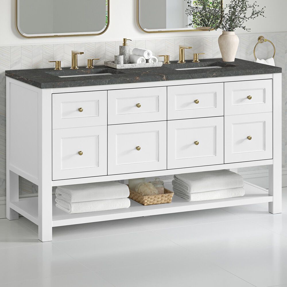 James Martin Vanities Breckenridge 60&quot; Double Bathroom Vanity in Bright White with 3 cm Parisien Bleu Quartz Top and Rectangular Sinks, , large