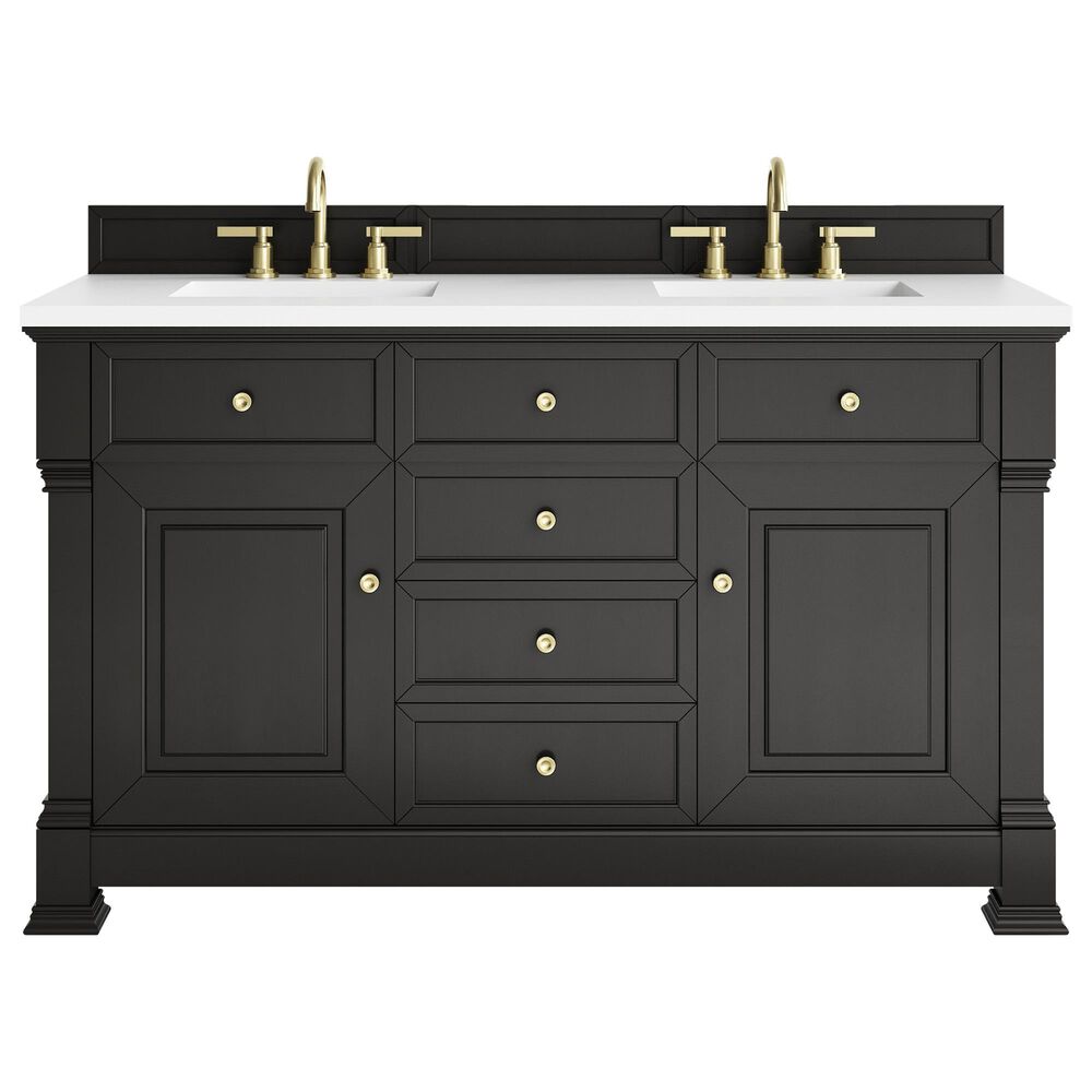 James Martin Vanities Brookfield 60&quot; Double Bathroom Vanity in Black Onyx with 3 cm White Zeus Quartz Top and Rectangular Sinks, , large