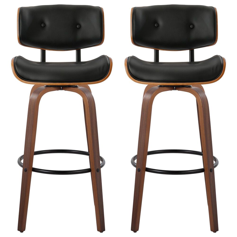 LumiSource Lombardi 30" Swivel Barstool with Black Faux Leather Upholstery in Walnut and Black (Set of 2), , large