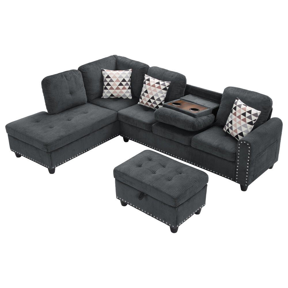 HOMLUX 94.49" L-Shaped Modular Sectional Sofa with Storage Ottoman and Cup Holders in Dark Gray, , large