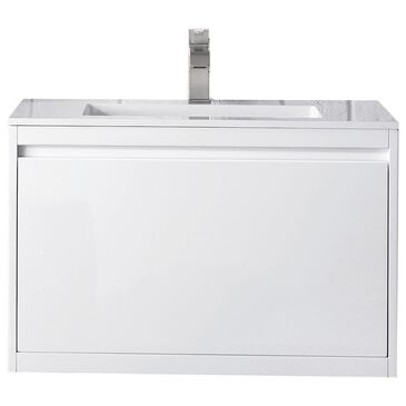 James Martin Milan 31.5" Single Mounted Bathroom Vanity in Glossy White with 2 cm Glossy White Solid Surface Top and Rectangular Sink, , large