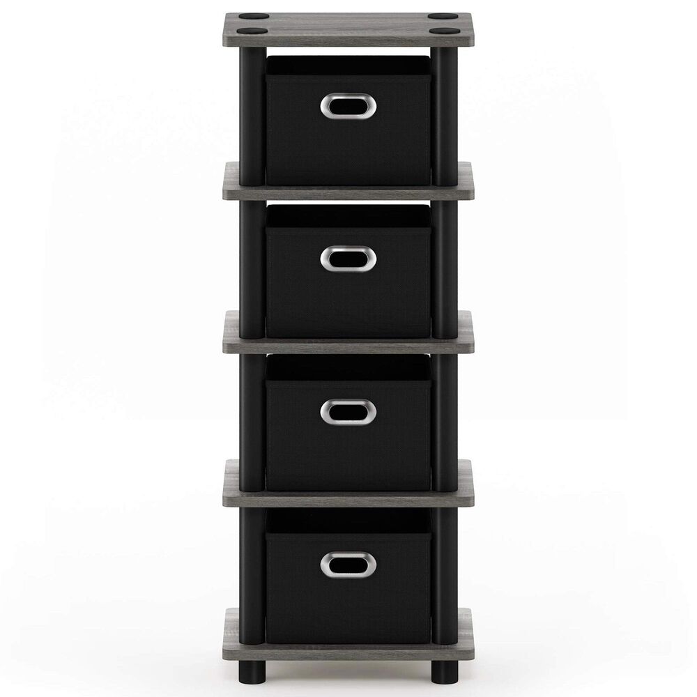 HOMLUX 5-Tier Tall Corner Open Bookshelf with 4 Storage Bins in French Oak Grey and Black, , large