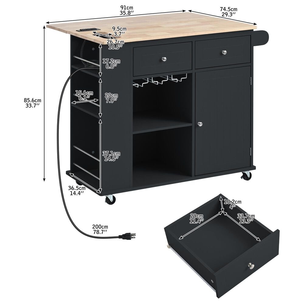 HOMLUX Kitchen Island with Power Outlet and Drop Leaf in Black, , large