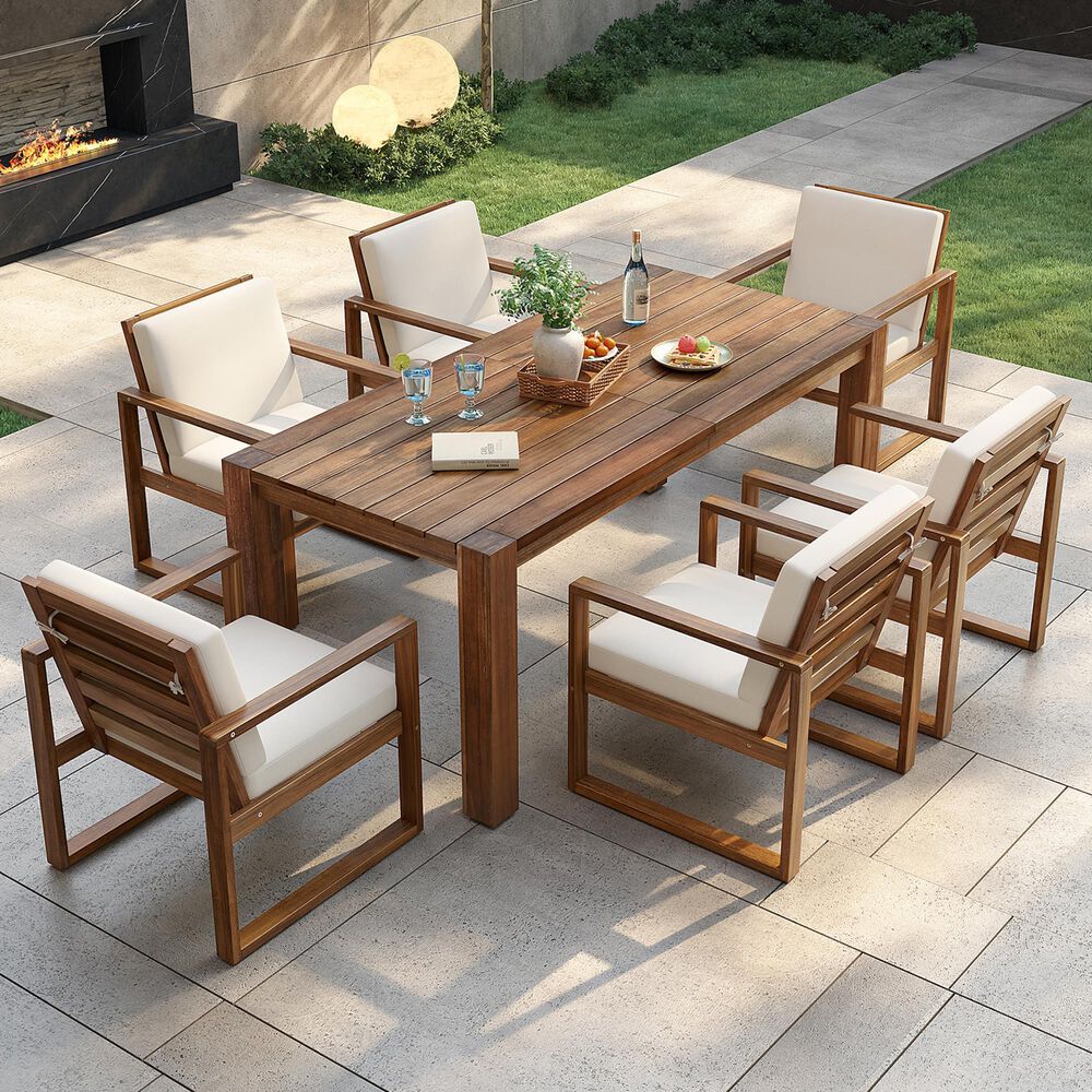 HOMLUX 7-Piece Patio Dining Set with 69" Rectangular Mocha Table and Umbrella Hole in Beige, , large