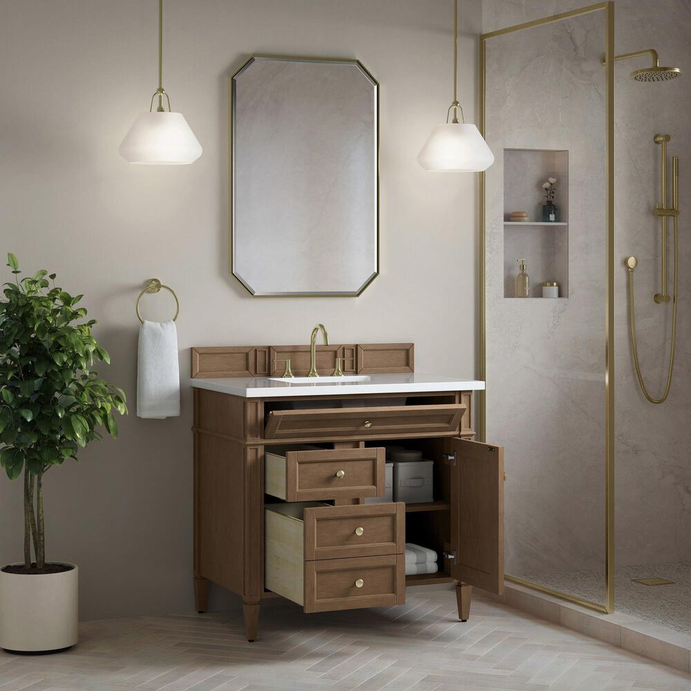 James Martin Brittany 36" Single Bathroom Vanity in Pecan with 3 cm White Zeus Silestone Top and Rectangular Sink, , large