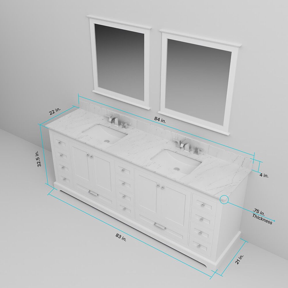 Lexora Home Dukes 84" Double Bathroom Vanity in White with 2 cm White Carrara Marble Top and Rectangular Sinks, , large
