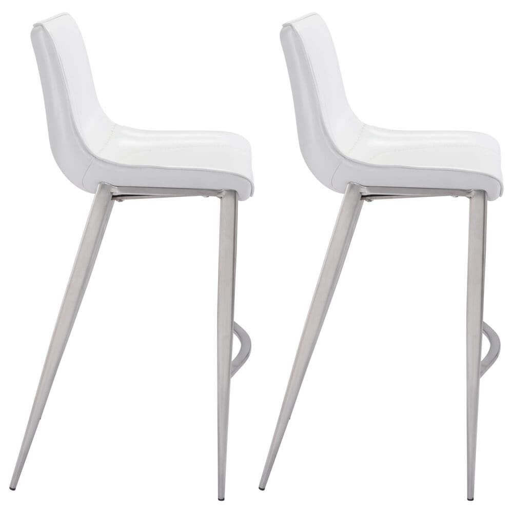 Zuo Modern Magnus Bar Stool in White and Silver &#40;Set of 2&#41;, , large
