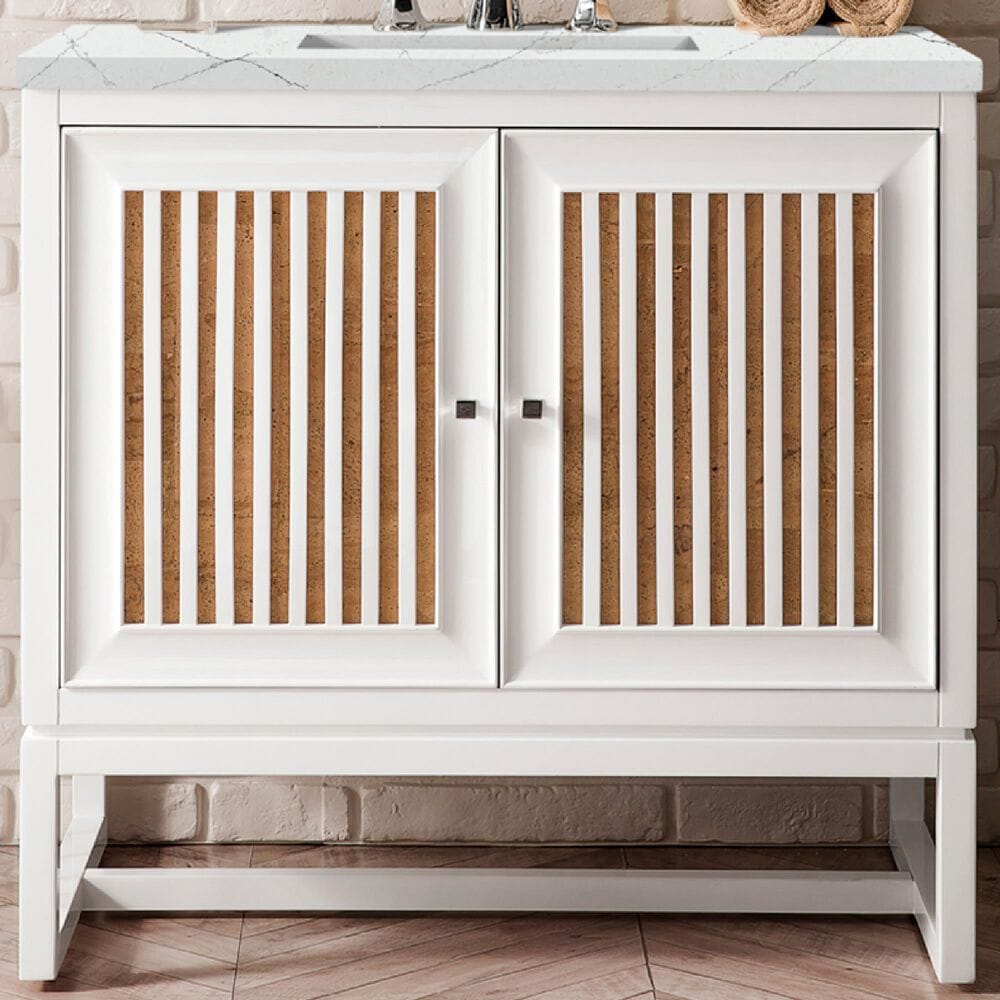 James Martin Vanities Athens 36&quot; Single Bathroom Vanity in Glossy White with 3 cm Ethereal Noctis Quartz Top and Rectangular Sink, , large