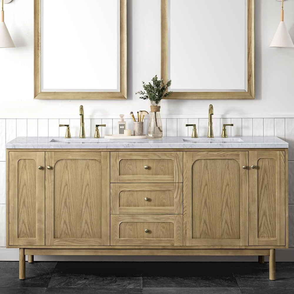 James Martin Vanities Laurent 72&quot; Double Bathroom Vanity in Light Natural Oak with 3 cm Carrara White Marble Top and Rectangular Sinks, , large