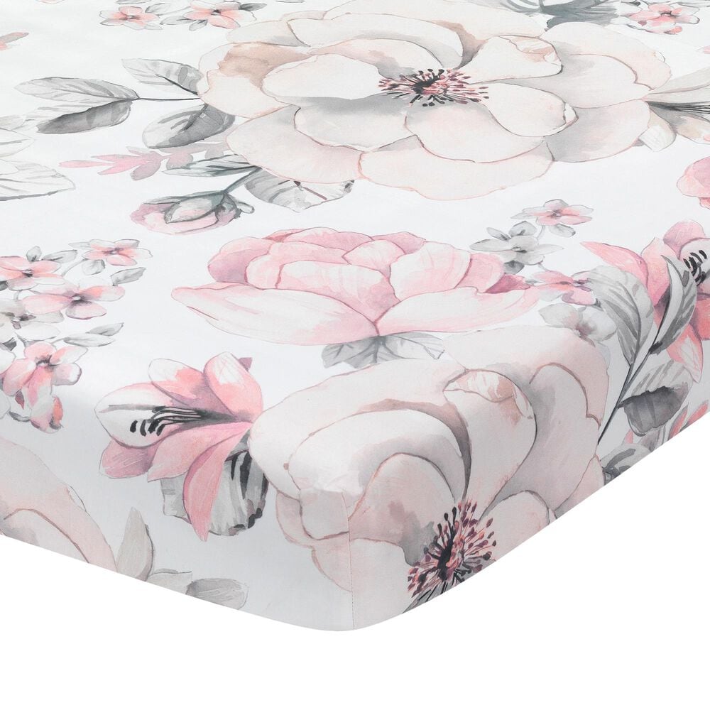 Lambs and Ivy Watercolor Floral 4-Piece Crib Bedding Set in Pink and Grey, , large