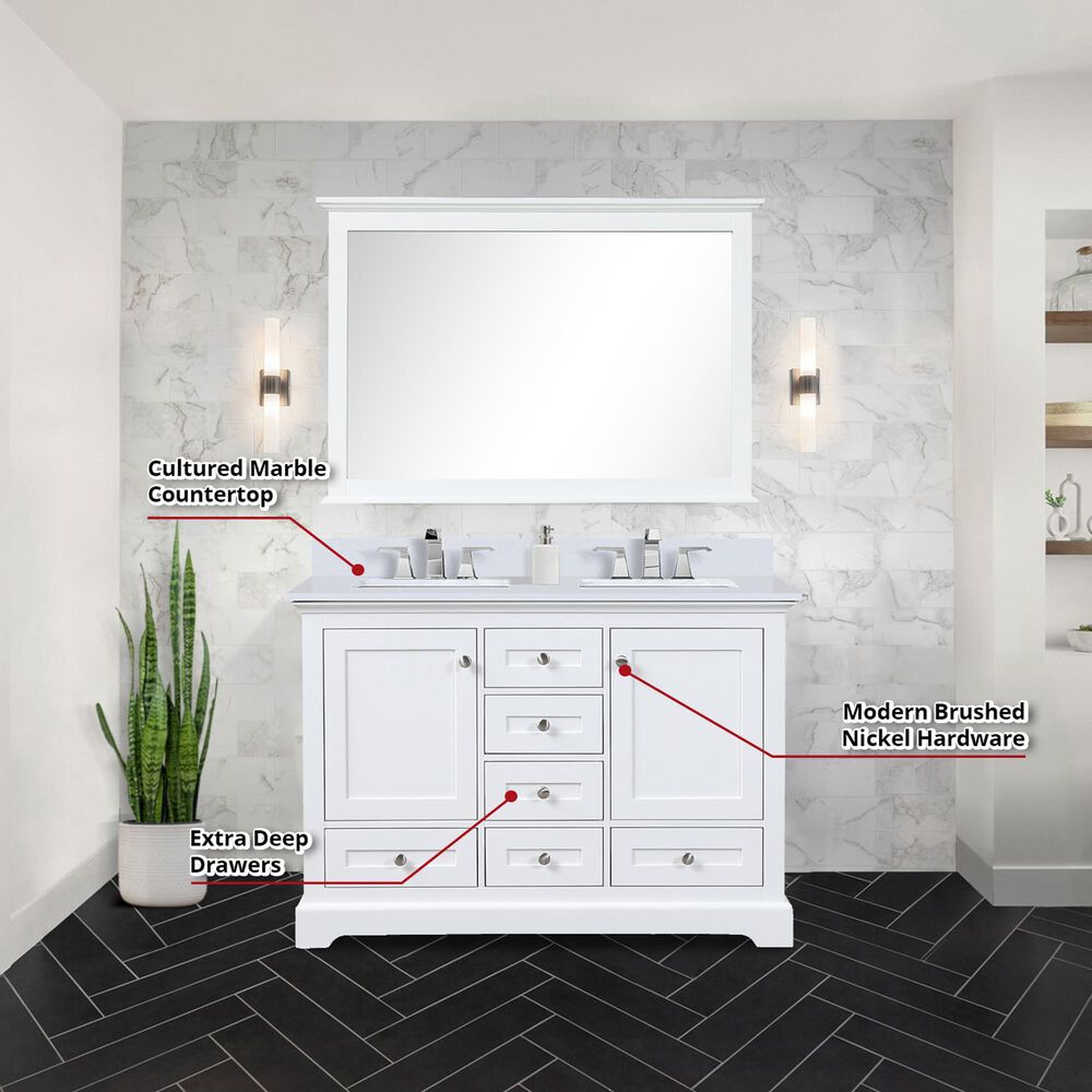 Lexora Home Dukes 48&quot; Double Bathroom Vanity in White with 2 cm White Cultured Marble Top and Rectangular Sinks, , large
