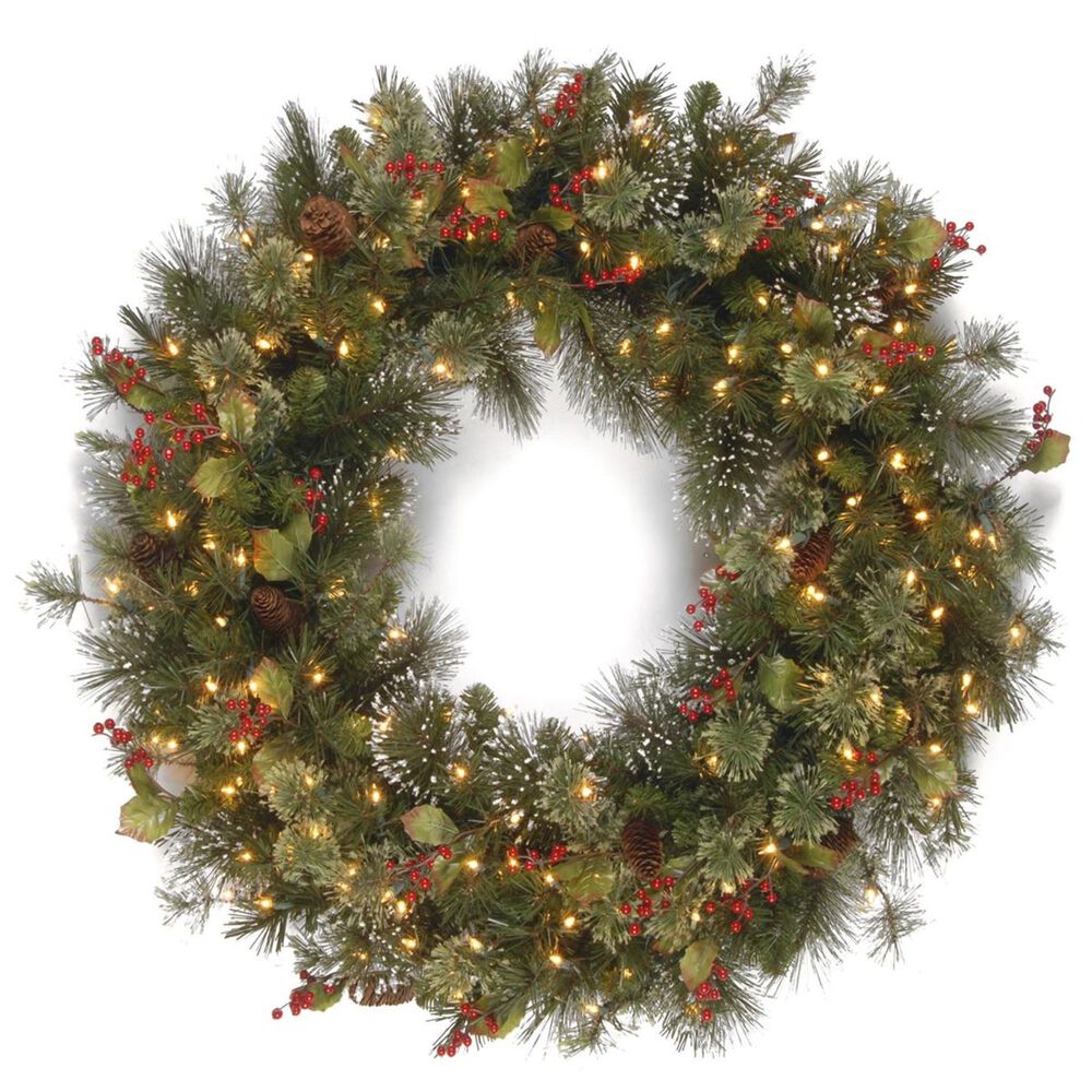 National Tree 48" Wintry Pine Wreath with White Lights, , large