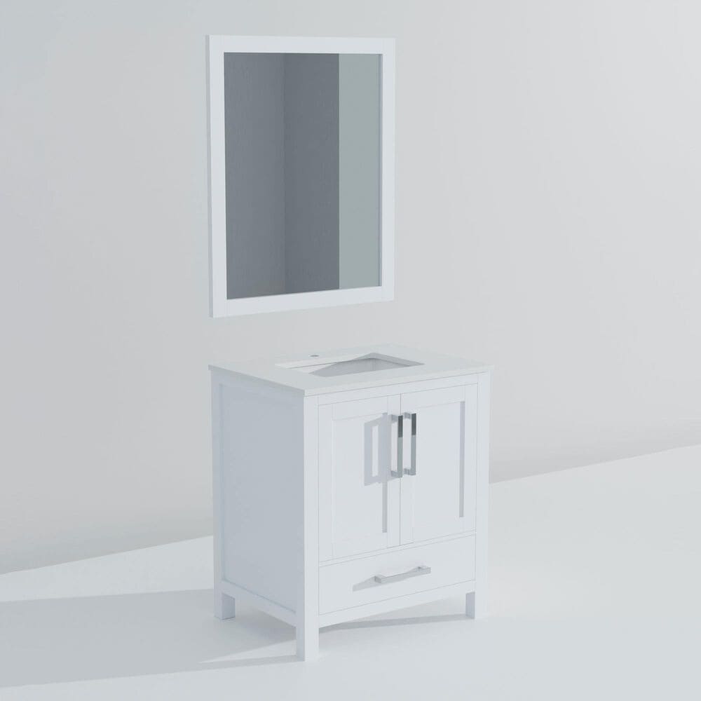 Lexora Home Jacques 30&quot; Single Bathroom Vanity in Navy Blue with 2 cm White Quartz Top, Rectangular Sink and 28&quot; Mirror, , large