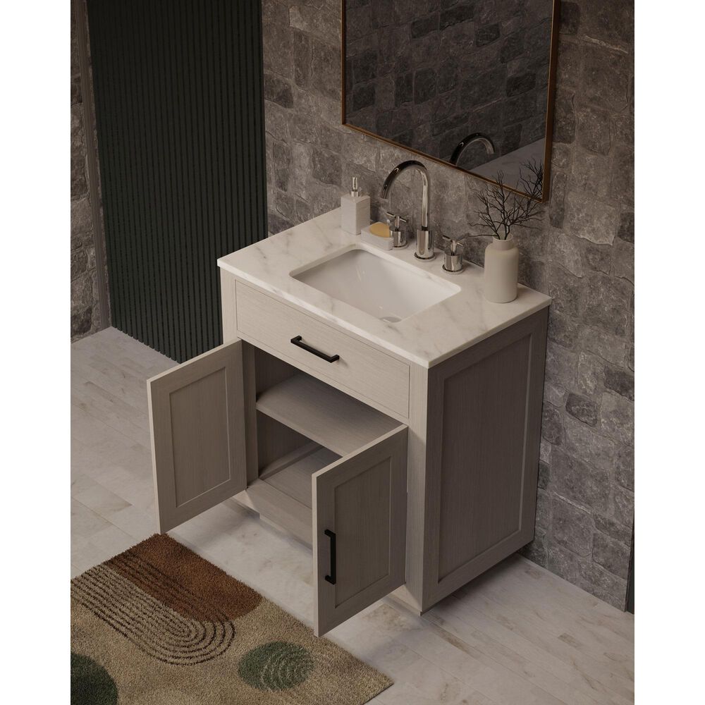 Lexora Home Abbey 30" Single Bathroom Vanity in White Oak with 2 cm White Carrara Marble Top and Rectangular Sink, , large