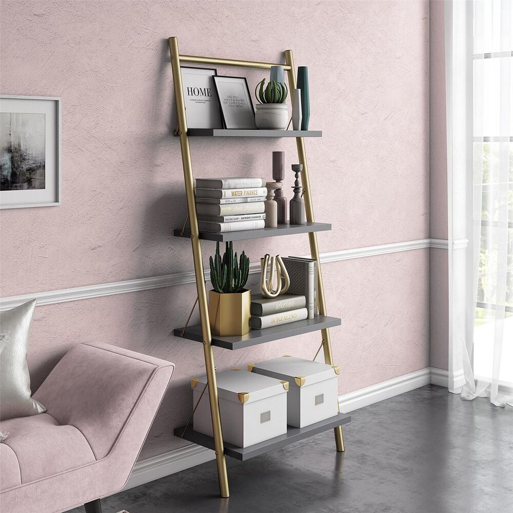 CosmoLiving by Cosmopolitan CosmoLiving Nova 4-Shelf Ladder Bookcase in Graphite Gray and Gold, , large