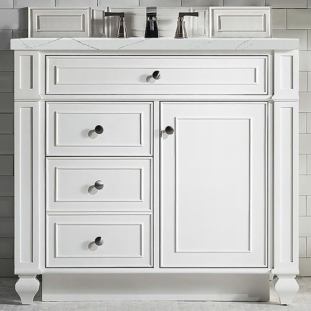 James Martin Vanities Bristol 36&quot; Single Bathroom Vanity in Bright White with 3 cm Ethereal Noctis Quartz Top and Rectangular Sink, , large