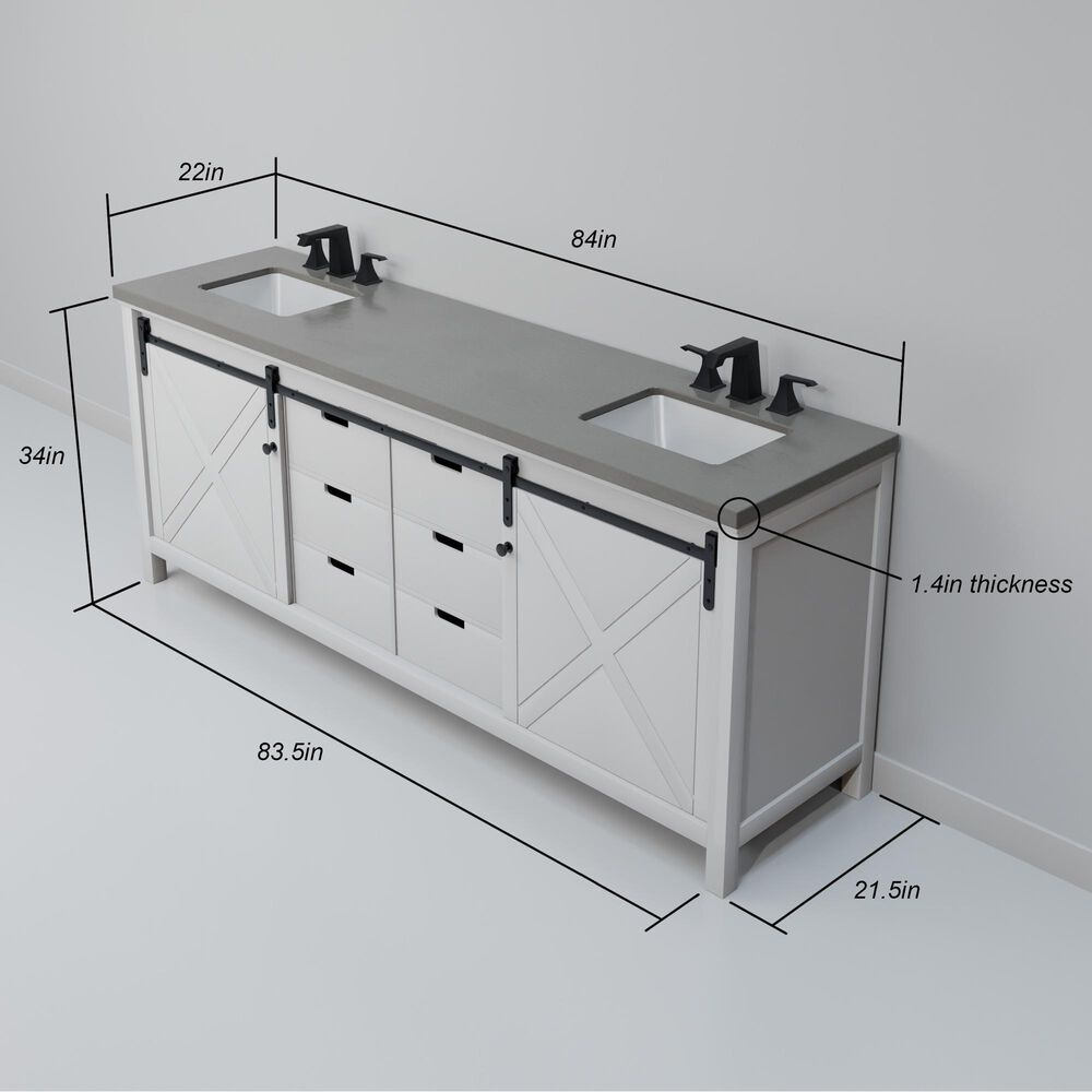 Lexora Home Marsyas 84" Double Bathroom Vanity in White with Grey Quartz Top and Rectangular Sinks, , large