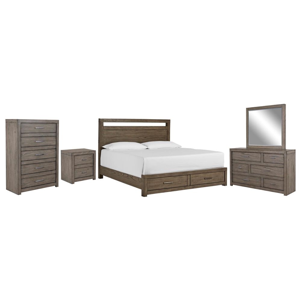 Riva Ridge Modern Loft 5 Piece Queen Storage Panel Bedroom Set in Greystone, , large
