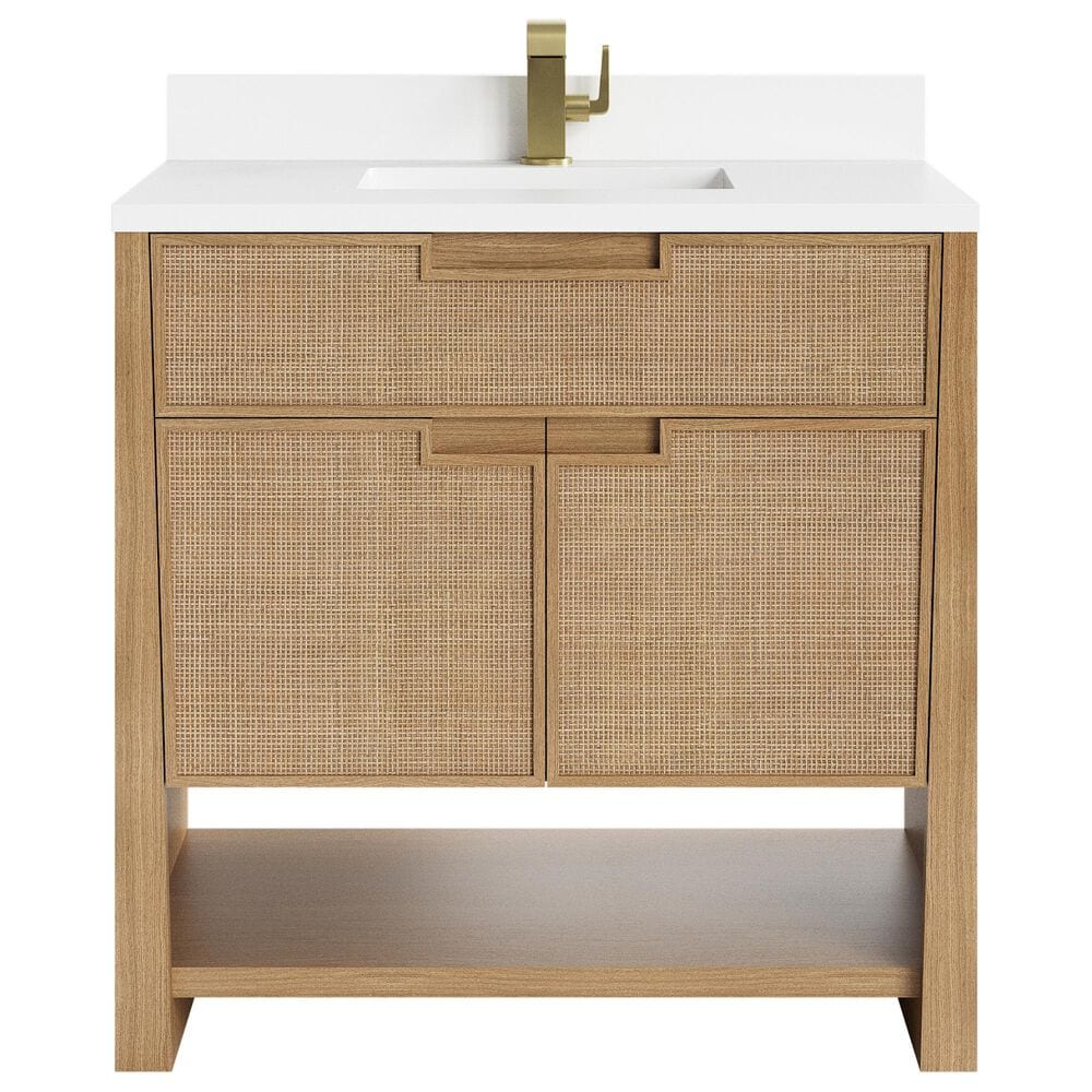 James Martin Vanities Solene 36" Single Bathroom Vanity in Seaside Oak with Single Hole 3 cm White Zeus Quartz Top and Rectangular Sink, , large