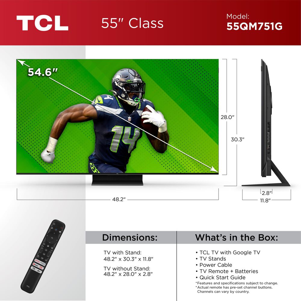 TCL 55" Class QM7 4K UHD HDR QDMini LED with Google TV in Black Smart TV NFM