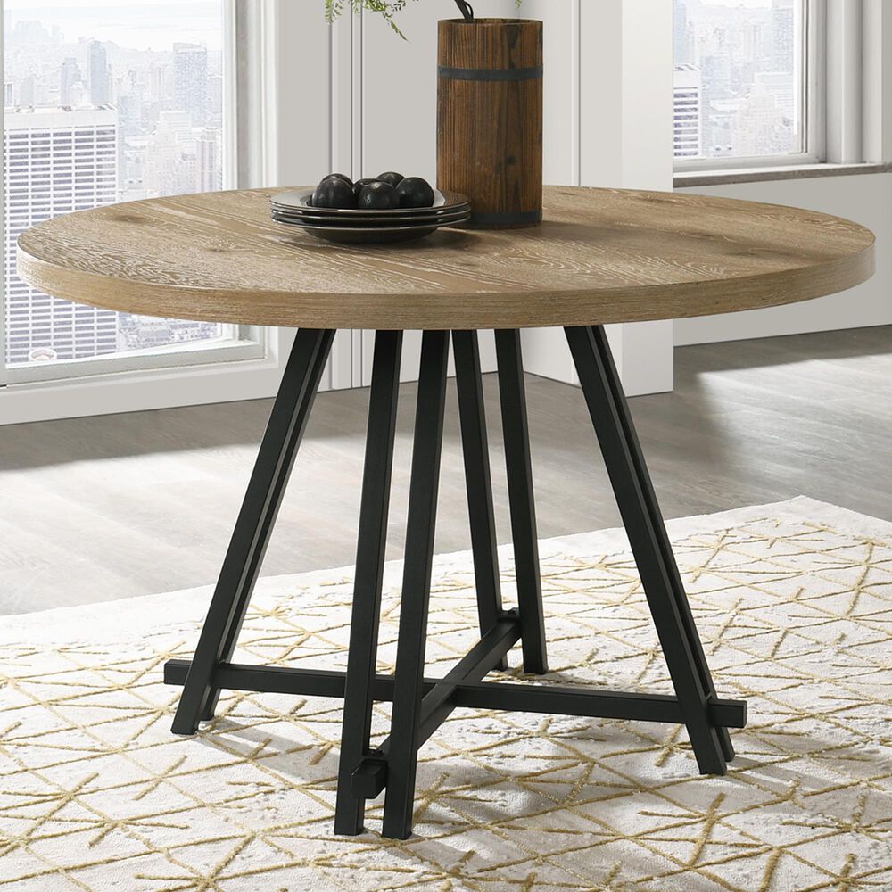 HOMLUX 47"W Round Oak Finish Dining Table with Metal Cross Base in Oak, , large