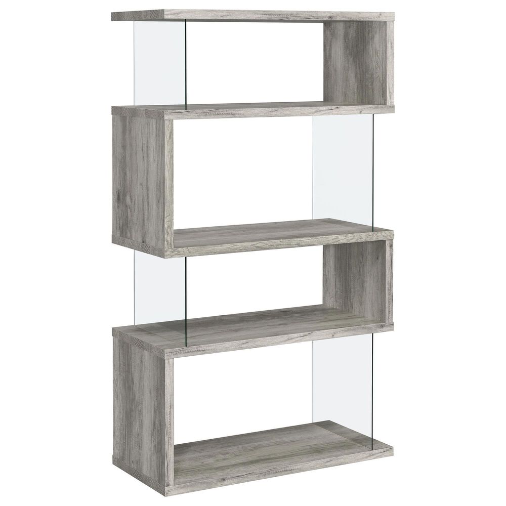 Coaster Emelle 4-Shelf Bookcase with Glass Panel in Light Grey Driftwood and Clear, , large