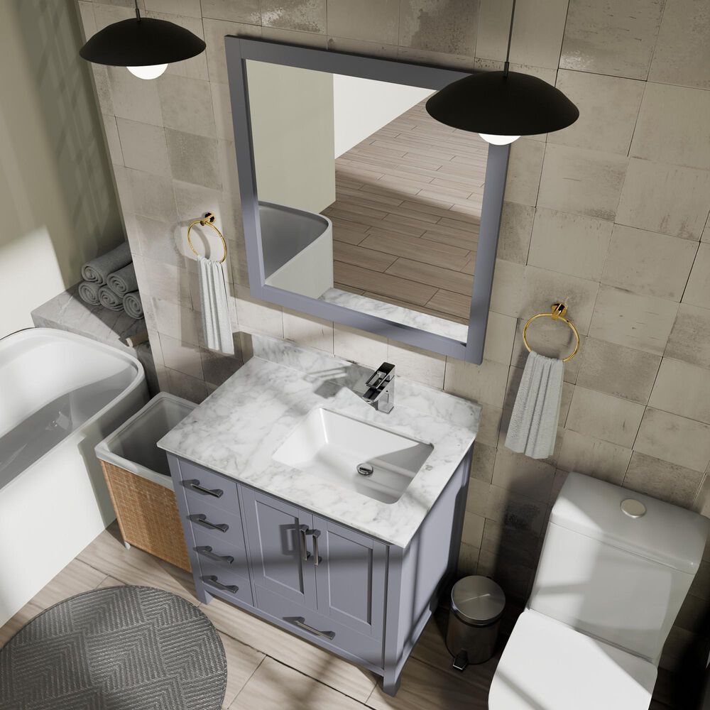 Lexora Home Jacques 36&quot; Right Offset Single Bathroom Vanity in Dark Grey with 2 cm White Carrara Marble Top and Rectangular Sink, , large